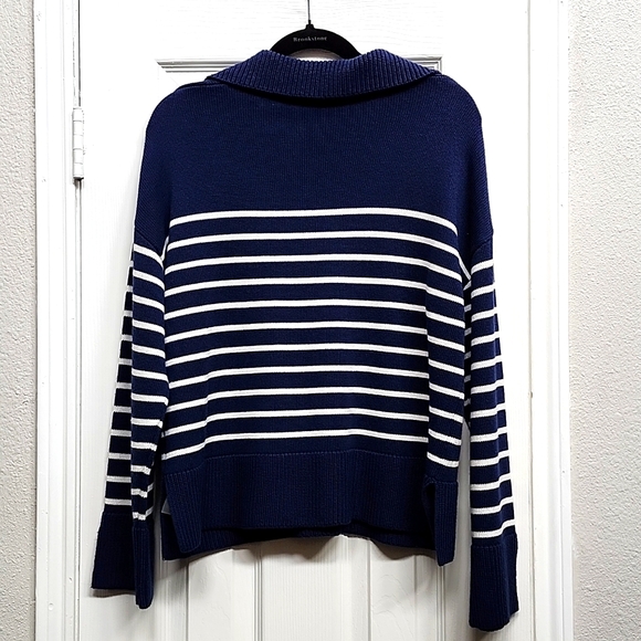 Elie Tahari Navy & Whte Striped Cotton Blend Pullover Sweater, Size L - Picture 2 of 6
